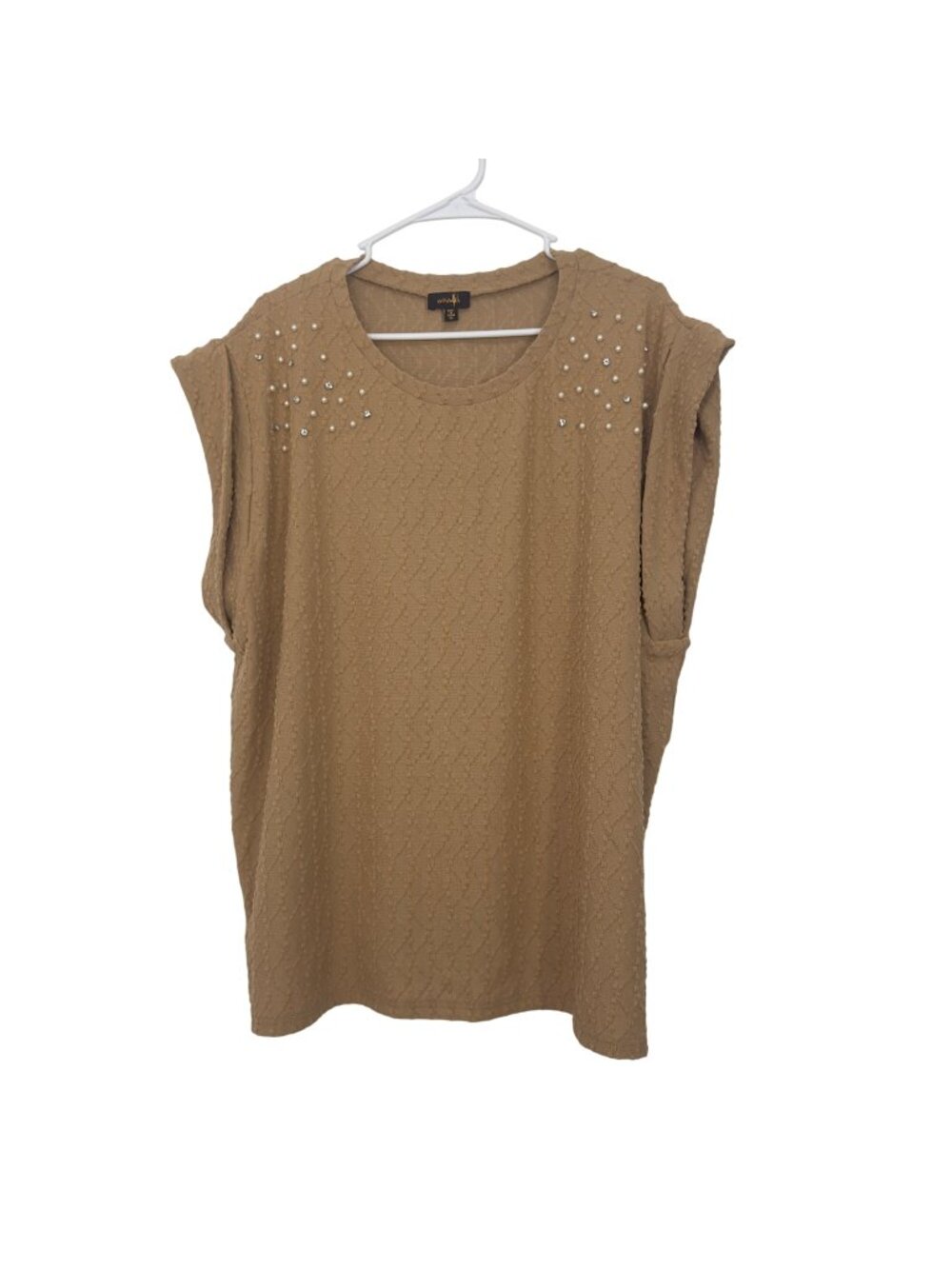 Ontwelth Women SZ 3X Tan Sleeveless Top Embellished Studs &Pearls Textured Knit